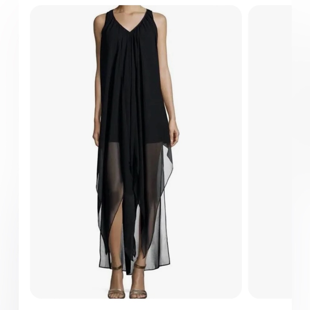 Michael Kors MK Women Black Chiffon Sheer Long Dress Size M Asymmetric Midi Maxi